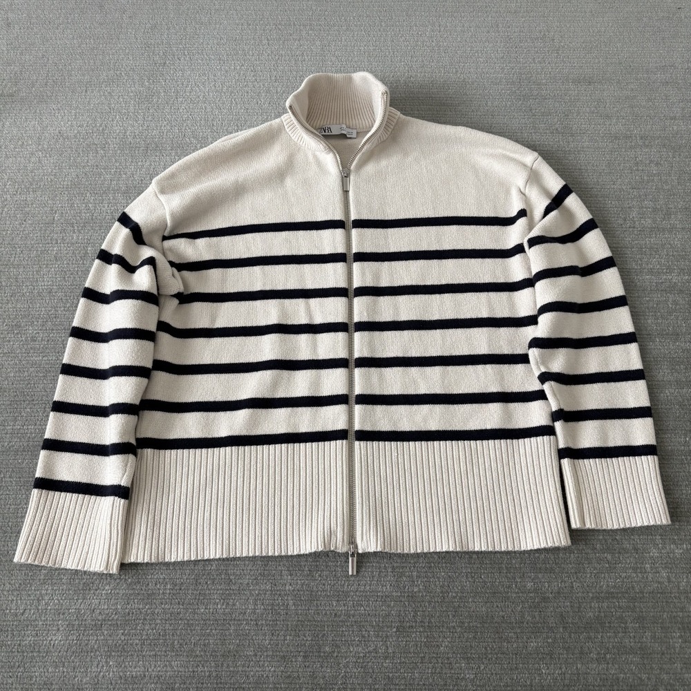 Zara Zip Cardigan Women M Cream Blue Striped Mock Neck Preppy Office Knit